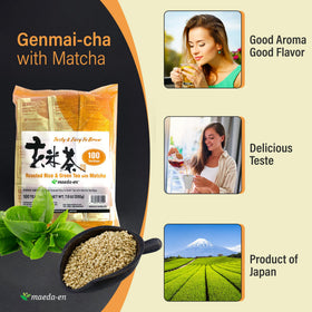 Hot cup of MAEDA-EN Genmai-cha with a light green hue and inviting aroma.