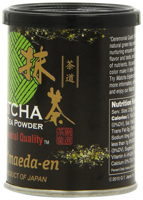 Maeda-En matcha tin packaging highlights premium powder and preserves freshness.