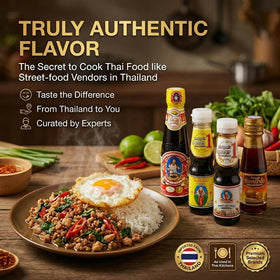 Maekrua Thai Oyster Sauce bottle adds savory depth to stir-fries.