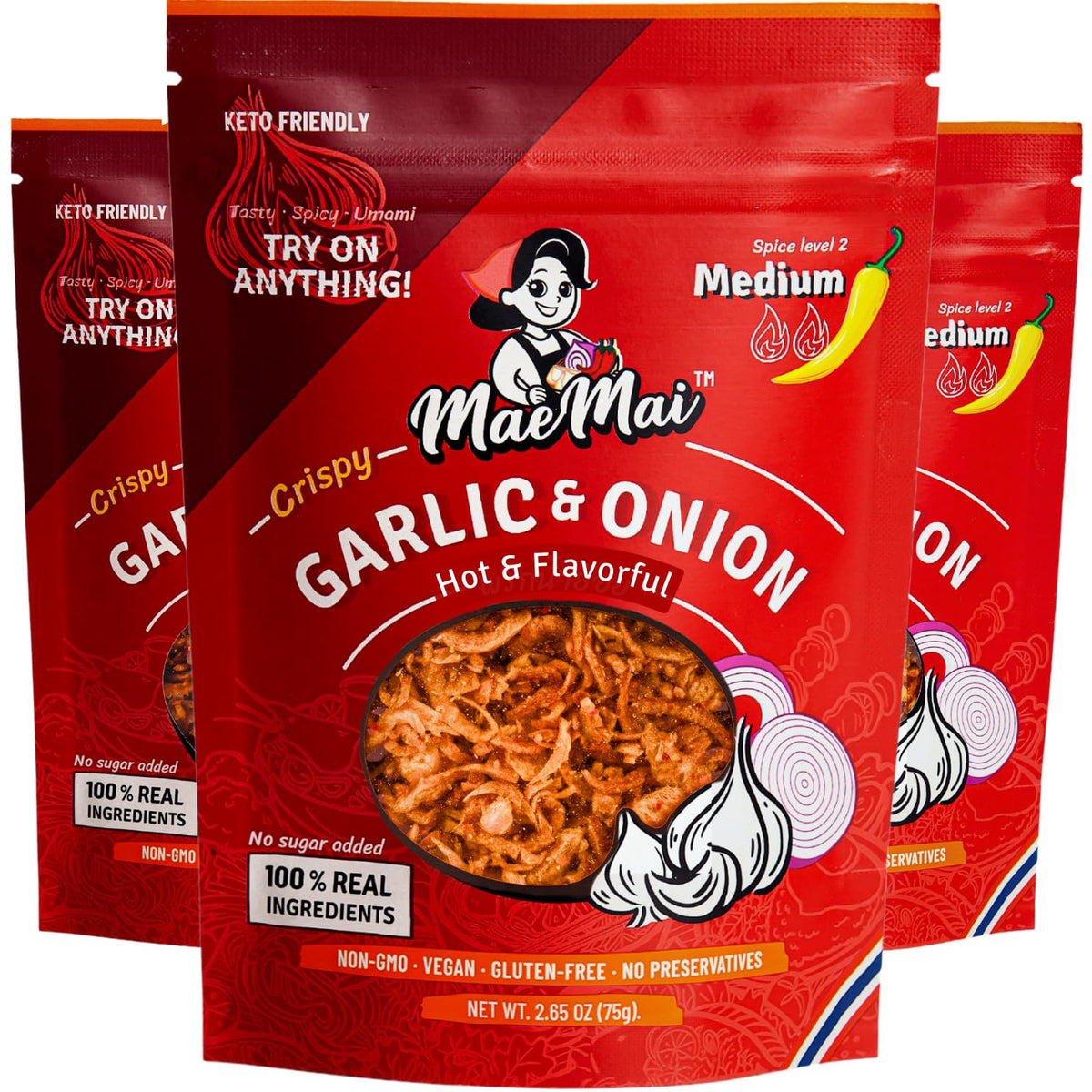 MaeMai Crispy Onion Garlic Flakes 3-pack front view, bold topping option.