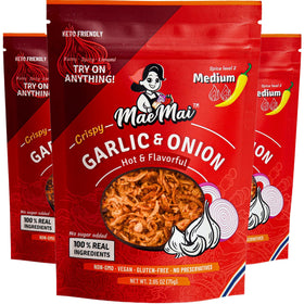 MaeMai Crispy Onion Garlic Flakes 3-pack front view, bold topping option.