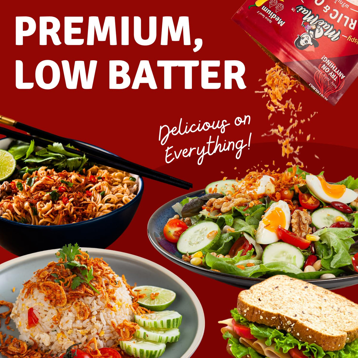 MaeMai Crispy Onion Garlic Flakes jar view, convenient pantry staple.