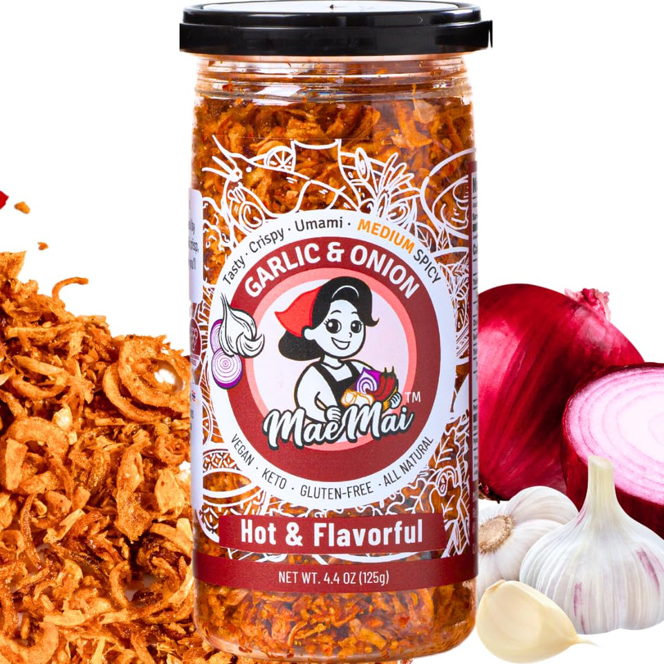 MaeMai Crispy Onion Garlic Flakes bottle front for bold umami topping