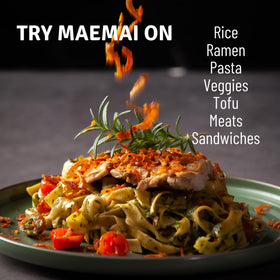MaeMai Crispy Onion Garlic Flakes gluten-free vegan label signals dietary compatibility.