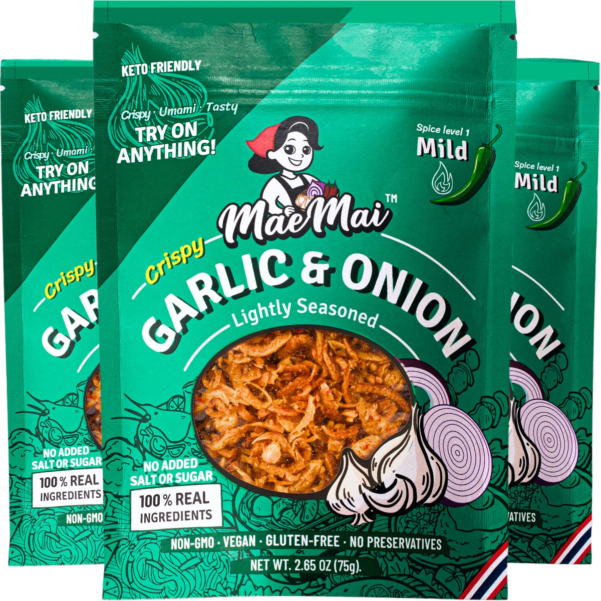 MaeMai Crispy Onion Garlic Flakes three-pack display for convenient pantry storage.
