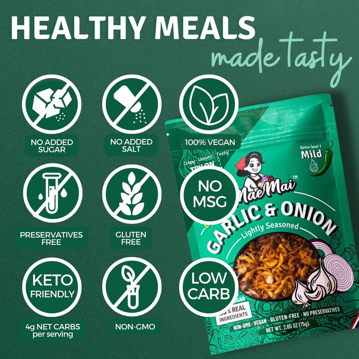 MaeMai hand-peeled onion and garlic ingredients highlight premium quality.