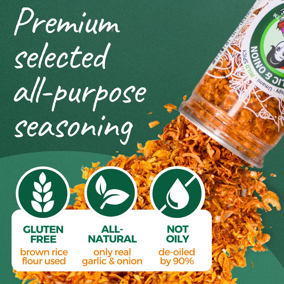 MaeMai Crispy Onion Garlic Flakes resealable bottle for easy storage.
