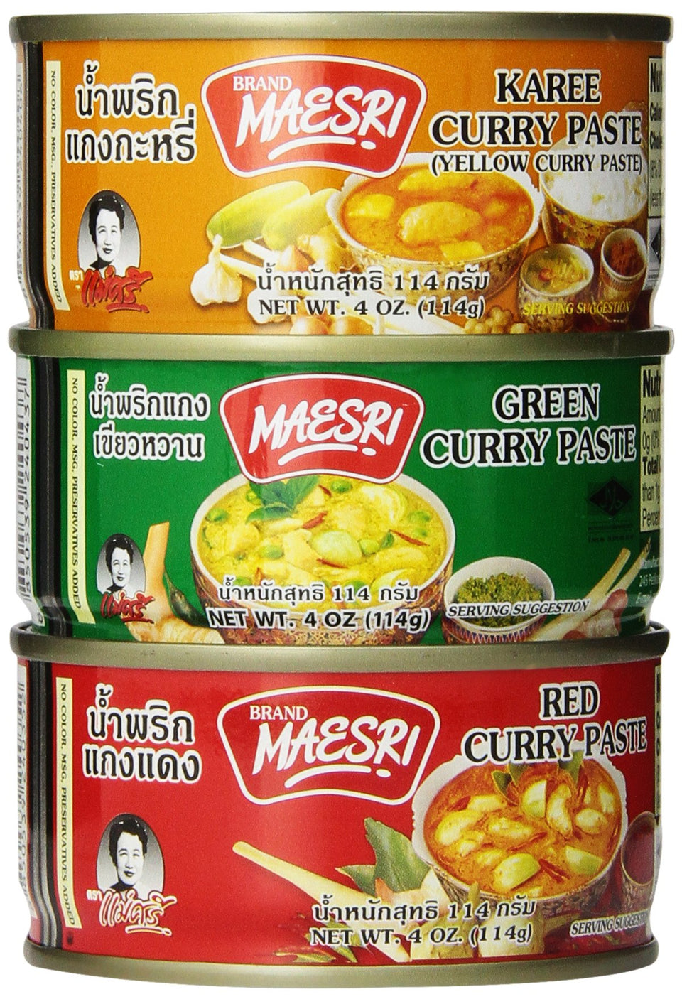 Maesri green curry paste can front view for authentic Thai cooking inspiration.