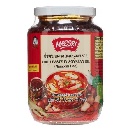 Maesri Nam Prik Pao jar front view, ready-to-use flavor booster for sauces.