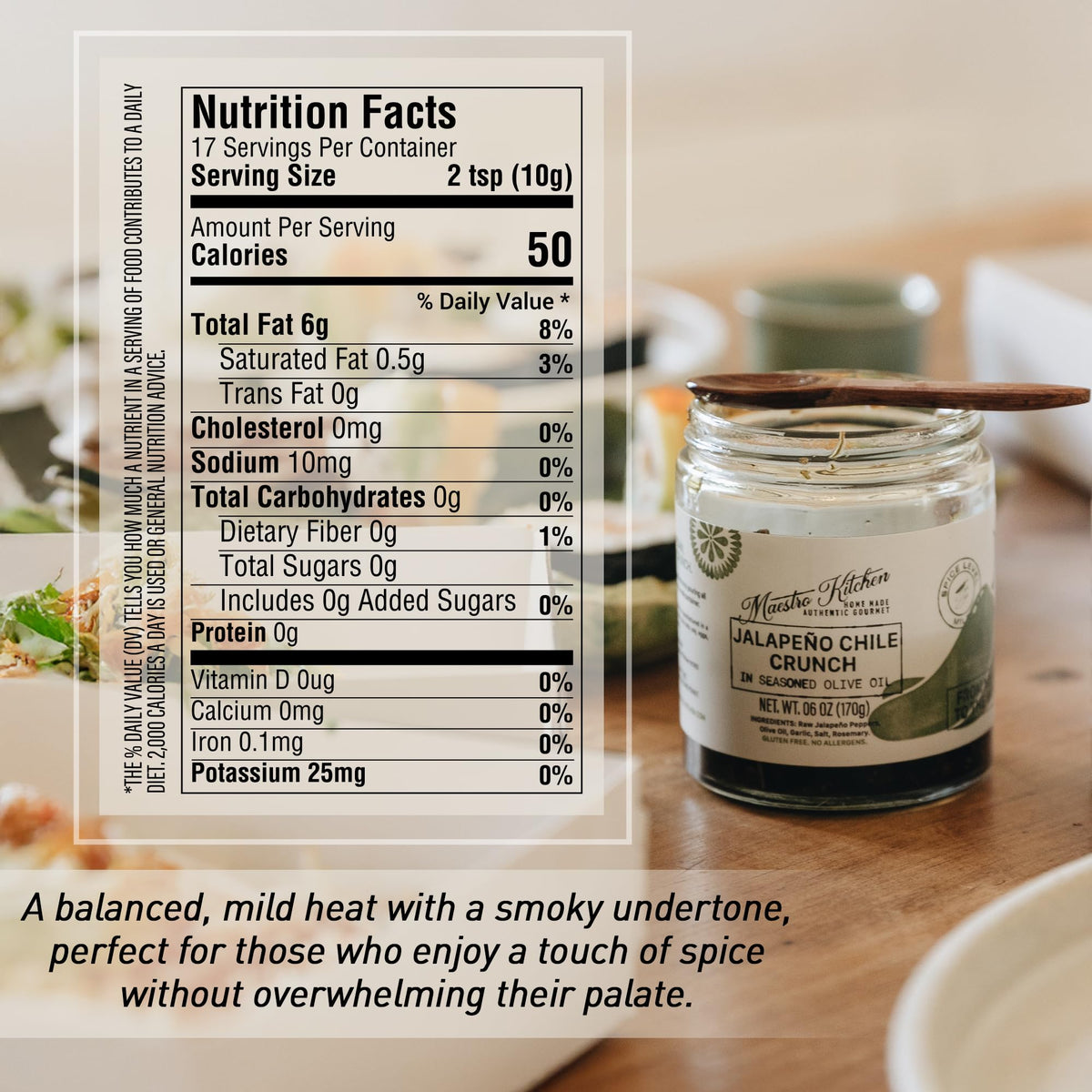 Maestro Kitchen Jalapeño Chile Crunch jar on counter with fresh ingredients.