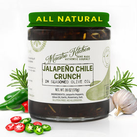 Maestro Kitchen Jalapeño Chile Crunch jar on counter adds mild heat to meals.