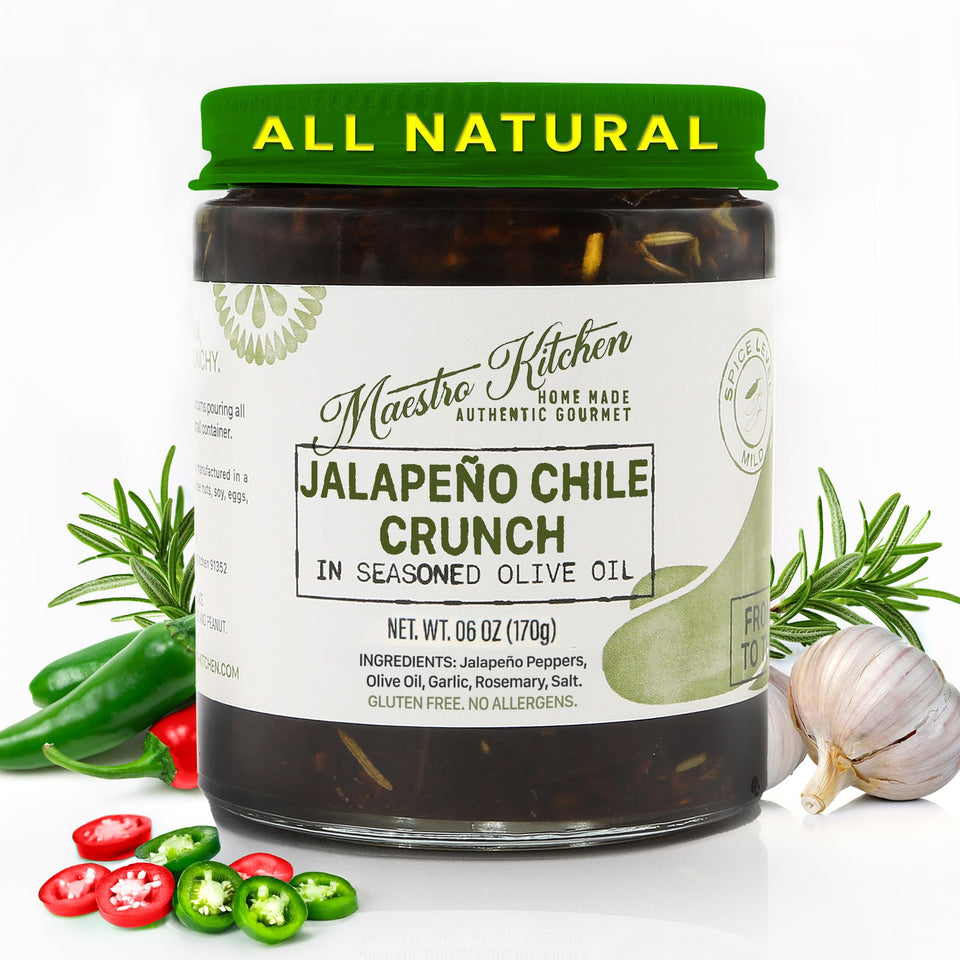 Maestro Kitchen Jalapeño Chile Crunch jar on counter adds mild heat to meals.