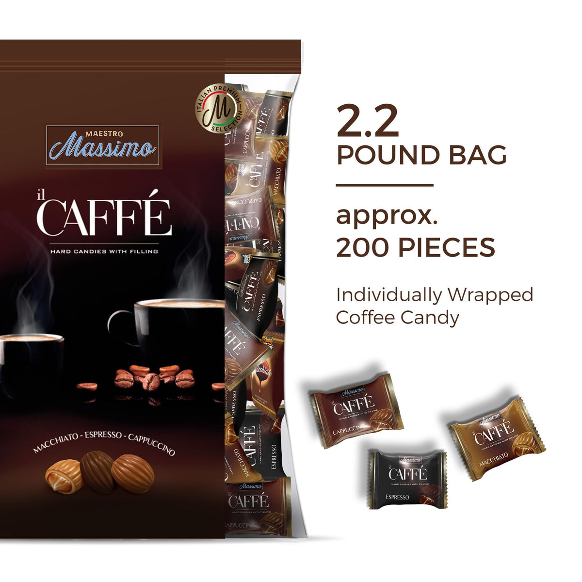 MAESTRO MASSIMO 3mg caffeine candy close-up highlights gentle energy boost for busy days.