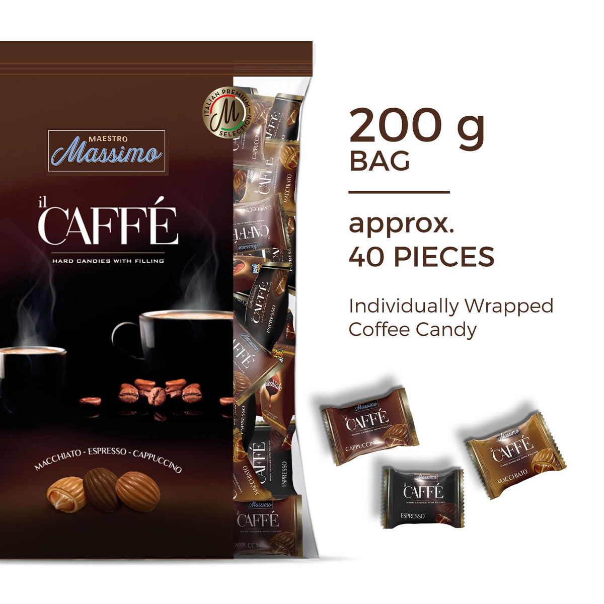 Maestro Massimo espresso-flavor candies with 3 mg caffeine per piece, ideal for a mini pick-me-up.