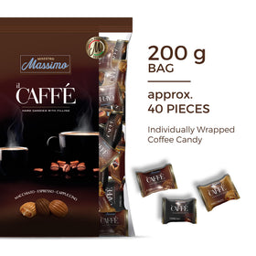 Maestro Massimo espresso-flavor candies with 3 mg caffeine per piece, ideal for a mini pick-me-up.