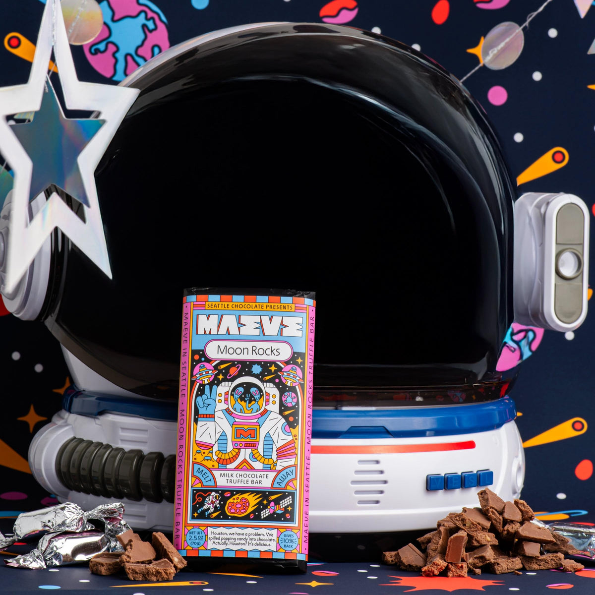 Maeve Moon Rocks Bar reveals three chocolate layers and center meltaway.