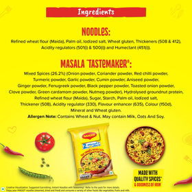 Maggi Masala ingredients laid out showing the noodle cake and tastemaker