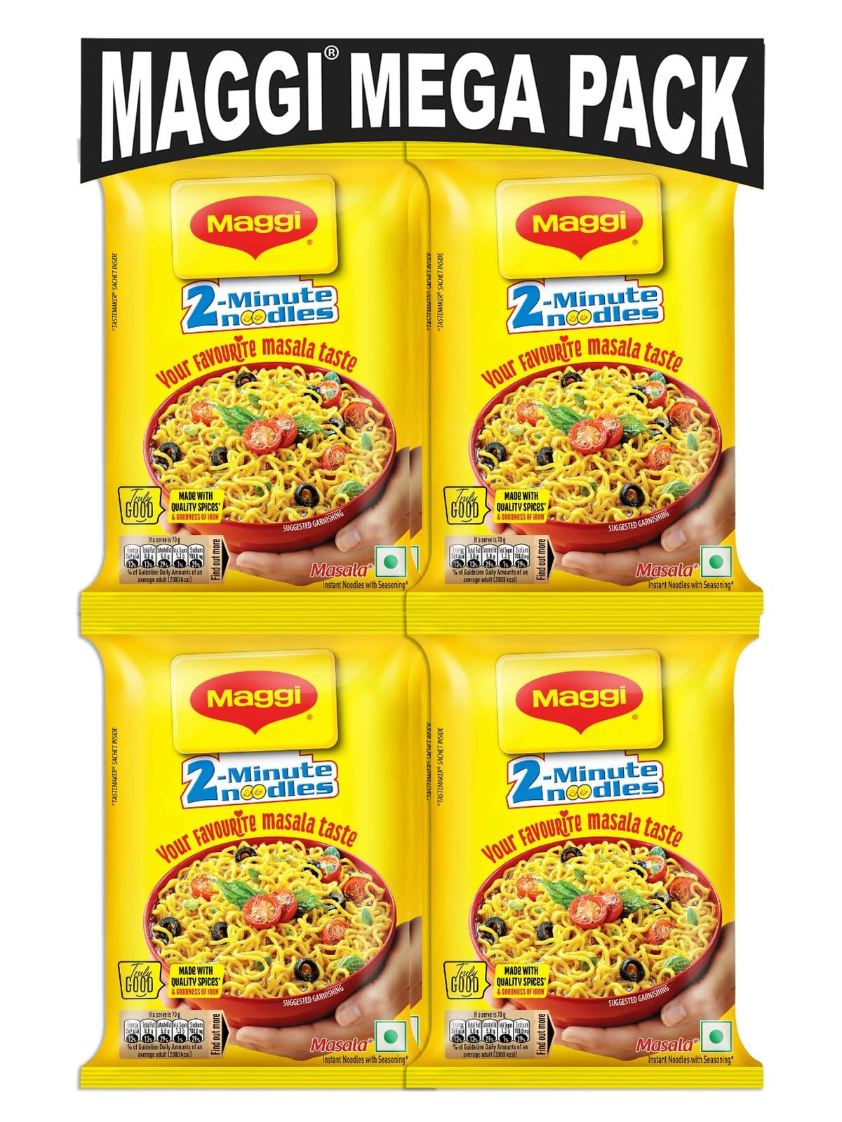 Maggi 2 Minutes Masala pack with noodle cake and tastemaker for quick flavor