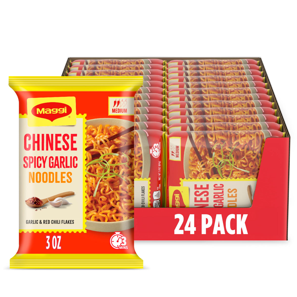 Maggi Chinese Spicy Garlic Noodles front pack display highlighting bold flavor