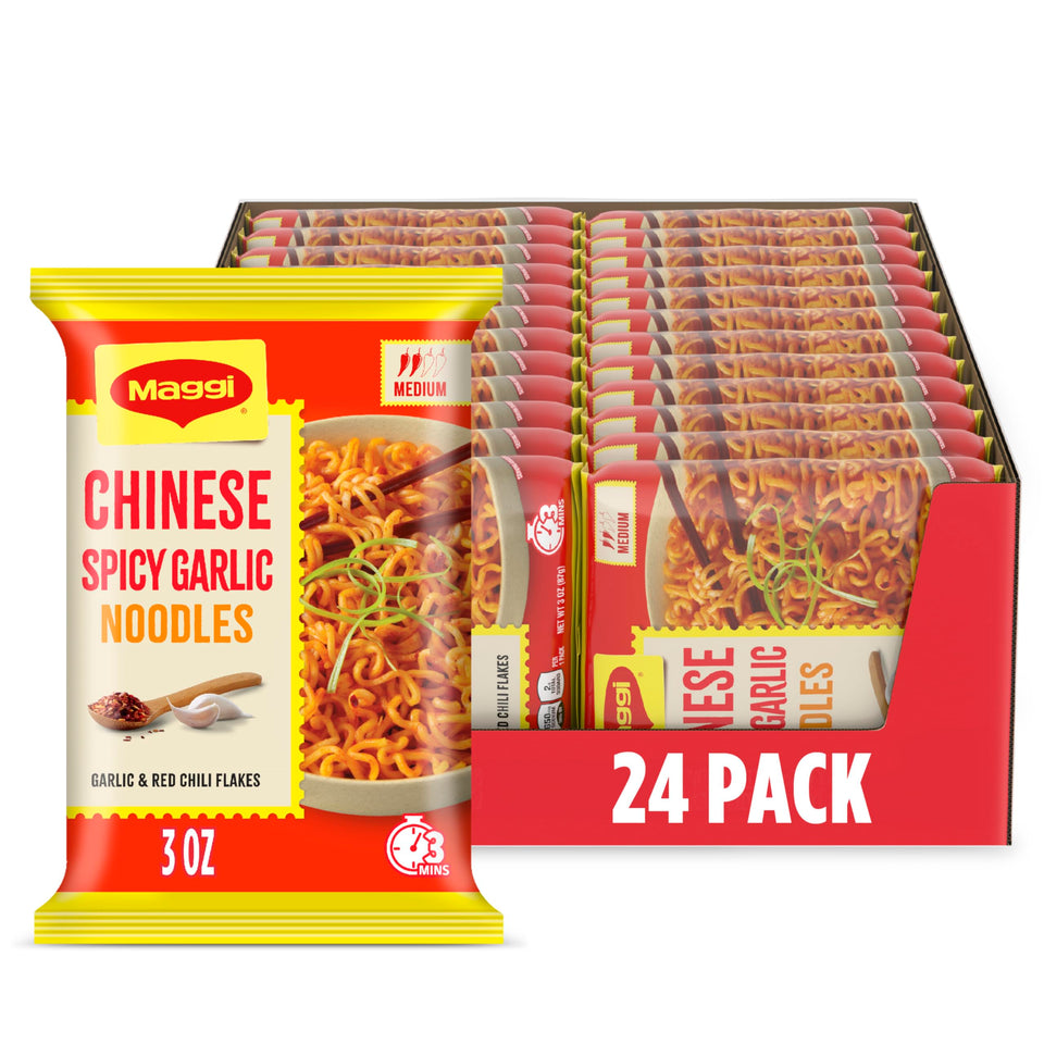 Maggi Chinese Spicy Garlic Noodles front pack display highlighting bold flavor