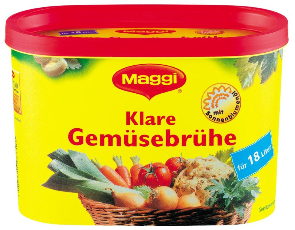 Maggi Clear Vegetables Broth bottle; bulk 18-liter pack, ideal base for soups.