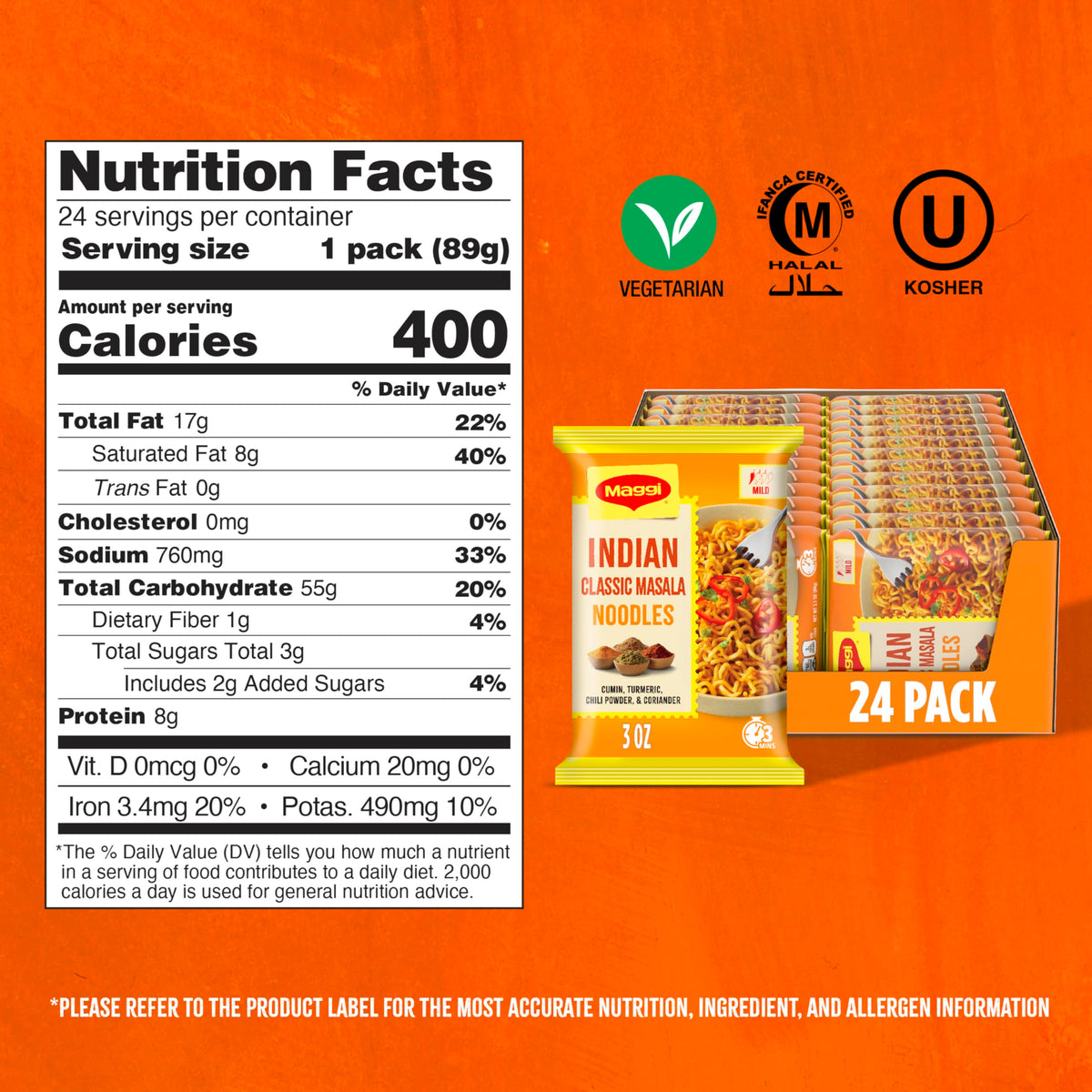 Ingredient snapshot highlighting vegetarian, halal, and kosher options.