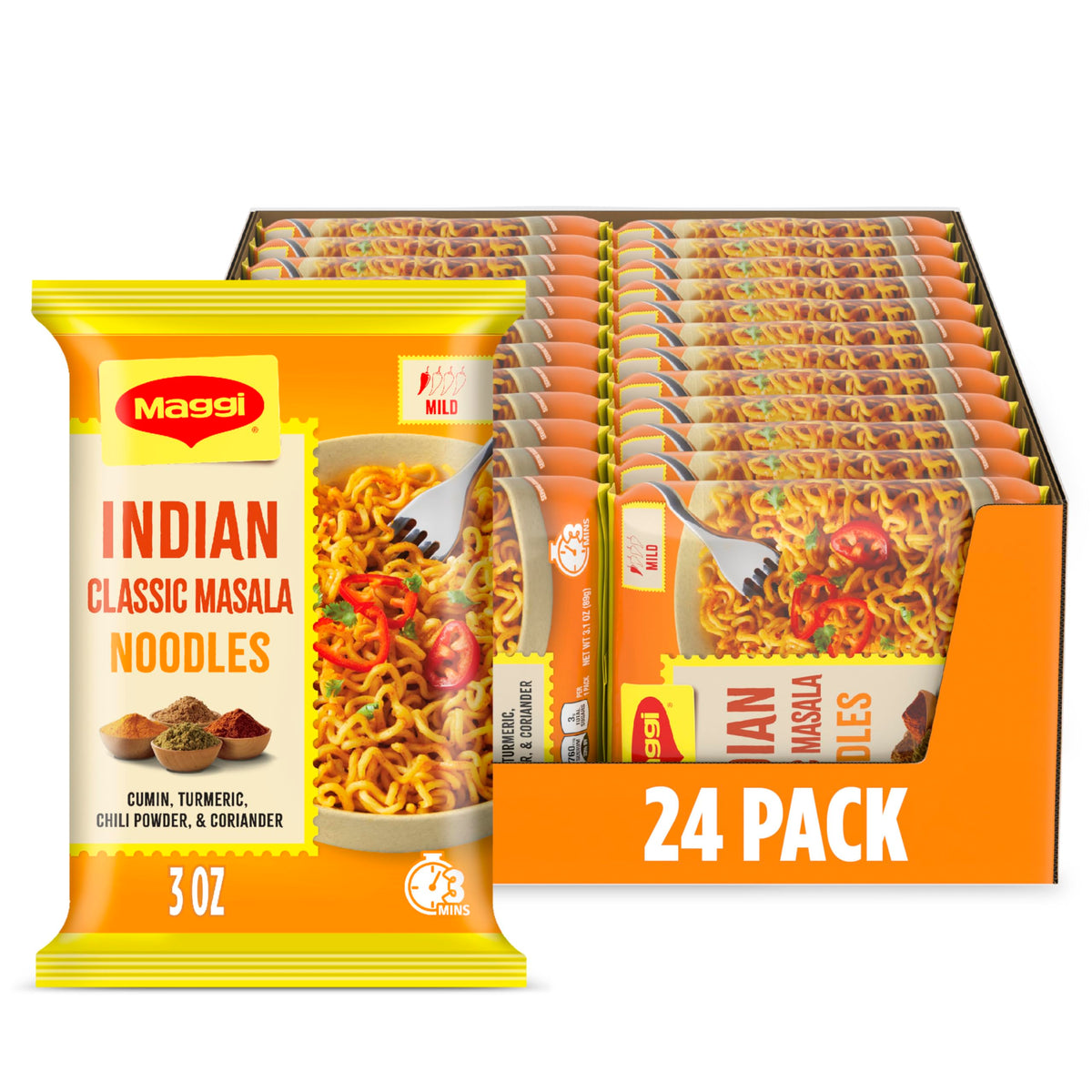 Maggi Indian Classic Masala noodles packaging—convenient pantry staple for quick meals.