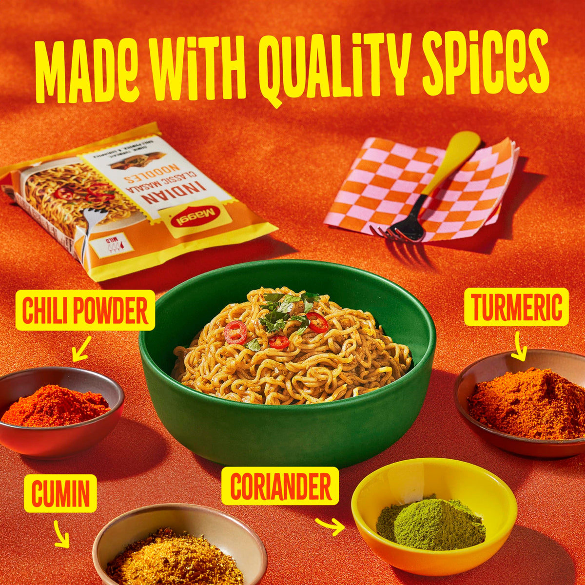 Close-up of cumin, turmeric, and chili aroma in masala mix.