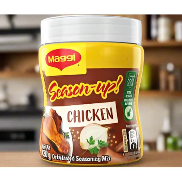 Maggi Season-Up Chicken Seasoning label on the jar back; versatile all-purpose seasoning for rubs and marinades.