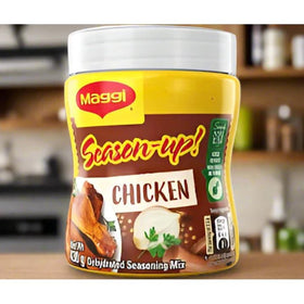 Maggi Season-Up Chicken Seasoning label on the jar back; versatile all-purpose seasoning for rubs and marinades.