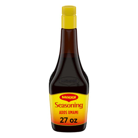 Maggi Seasoning bottle being poured to add roasted umami to dishes.