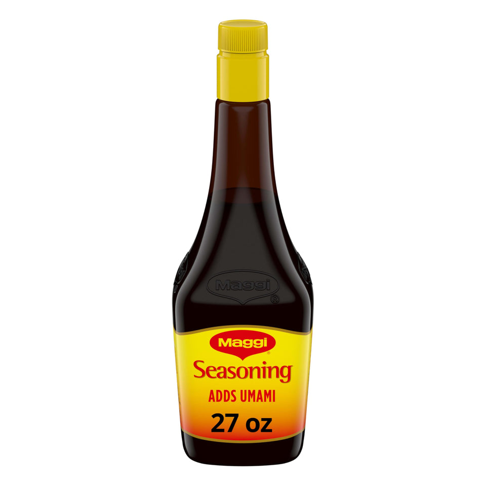 Maggi Seasoning bottle being poured to add roasted umami to dishes.