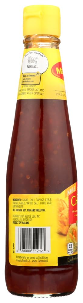 Maggi Sweet Chili Sauce bottle back view, showing ingredients layout and usage notes