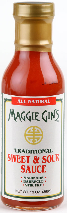 Maggie Gin's Sweet & Sour Sauce bottle for dipping with bold fruit flavor.