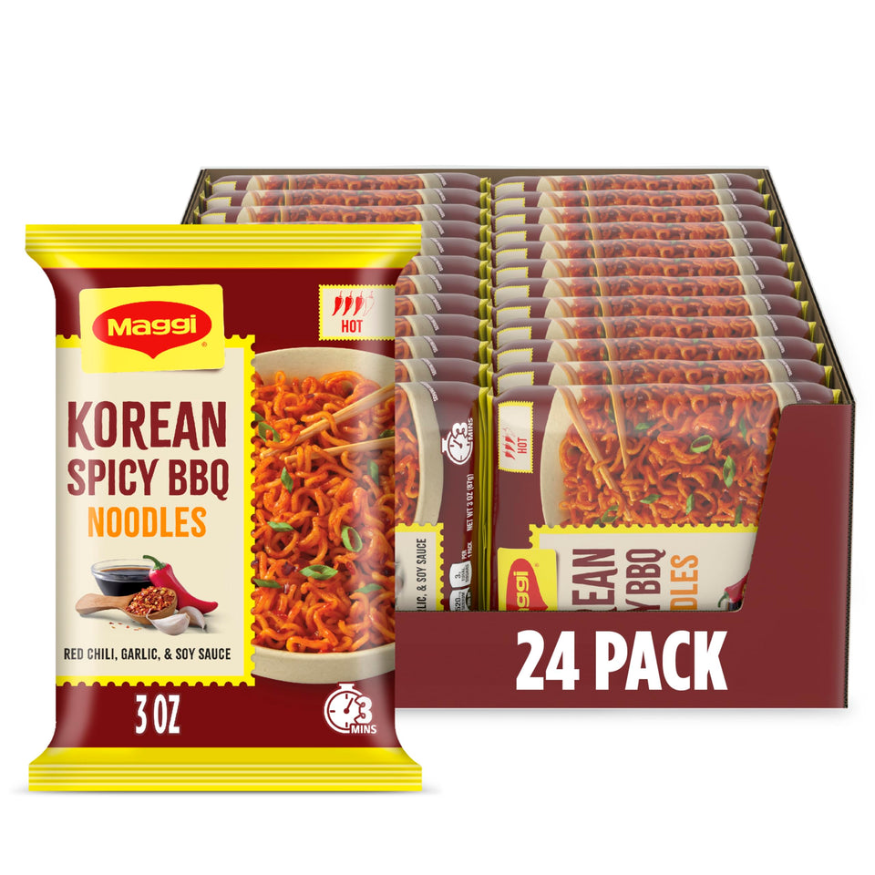 Maggi Korean Spicy BBQ Noodles pack front shows bold flavor for quick meals