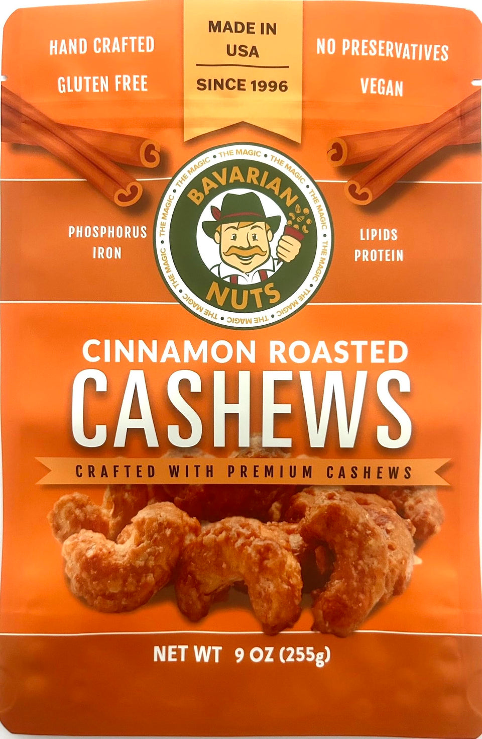 Magic Bavarian Cinnamon Roasted Cashews in a bag with full view, festival-inspired sweetness.