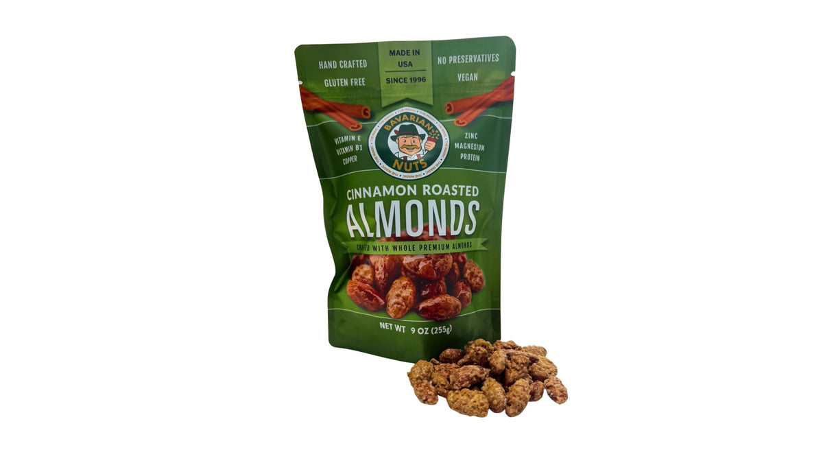 The Magic Bavarian Nuts cinnamon-roasted almonds front view highlights a gluten-free, on-the-go snack.
