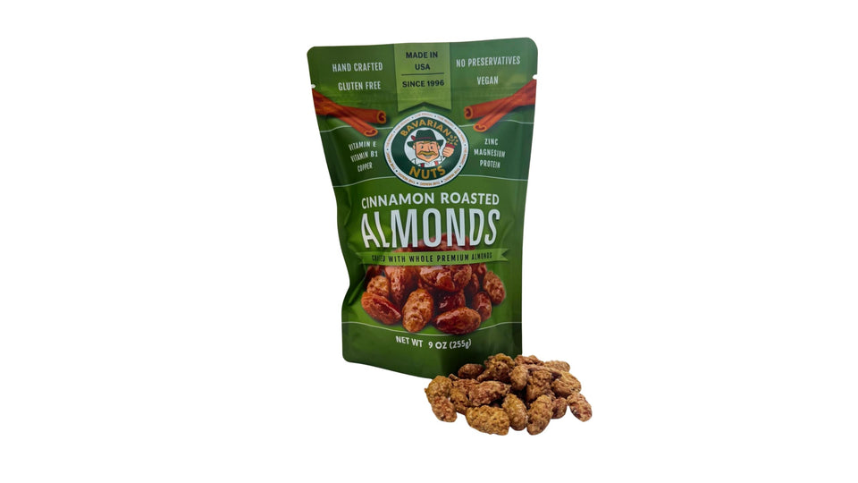 The Magic Bavarian Nuts cinnamon-roasted almonds front view highlights a gluten-free, on-the-go snack.