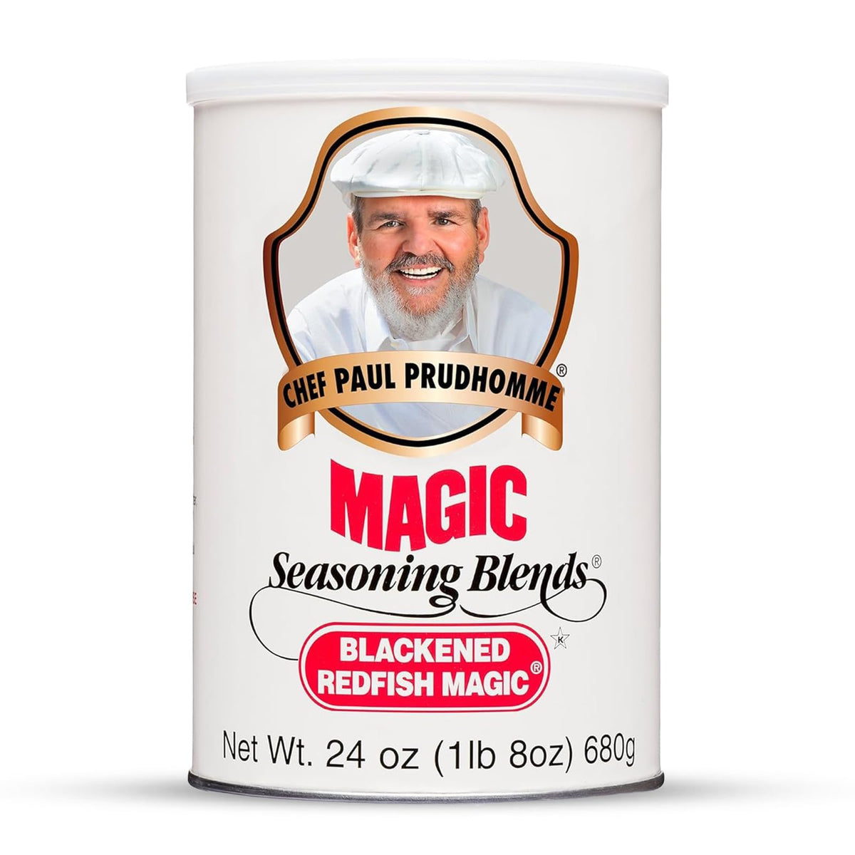Magic Seasoning Blends Blackened Redfish Magic canister front view, bold Cajun flavor ready for grilling.