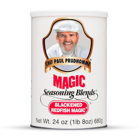 Magic Seasoning Blends Blackened Redfish Magic canister front view, bold Cajun flavor ready for grilling.