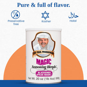 Magic Seasoning Blends Blackened Steak Magic grill scene suggests smoky crust potential.