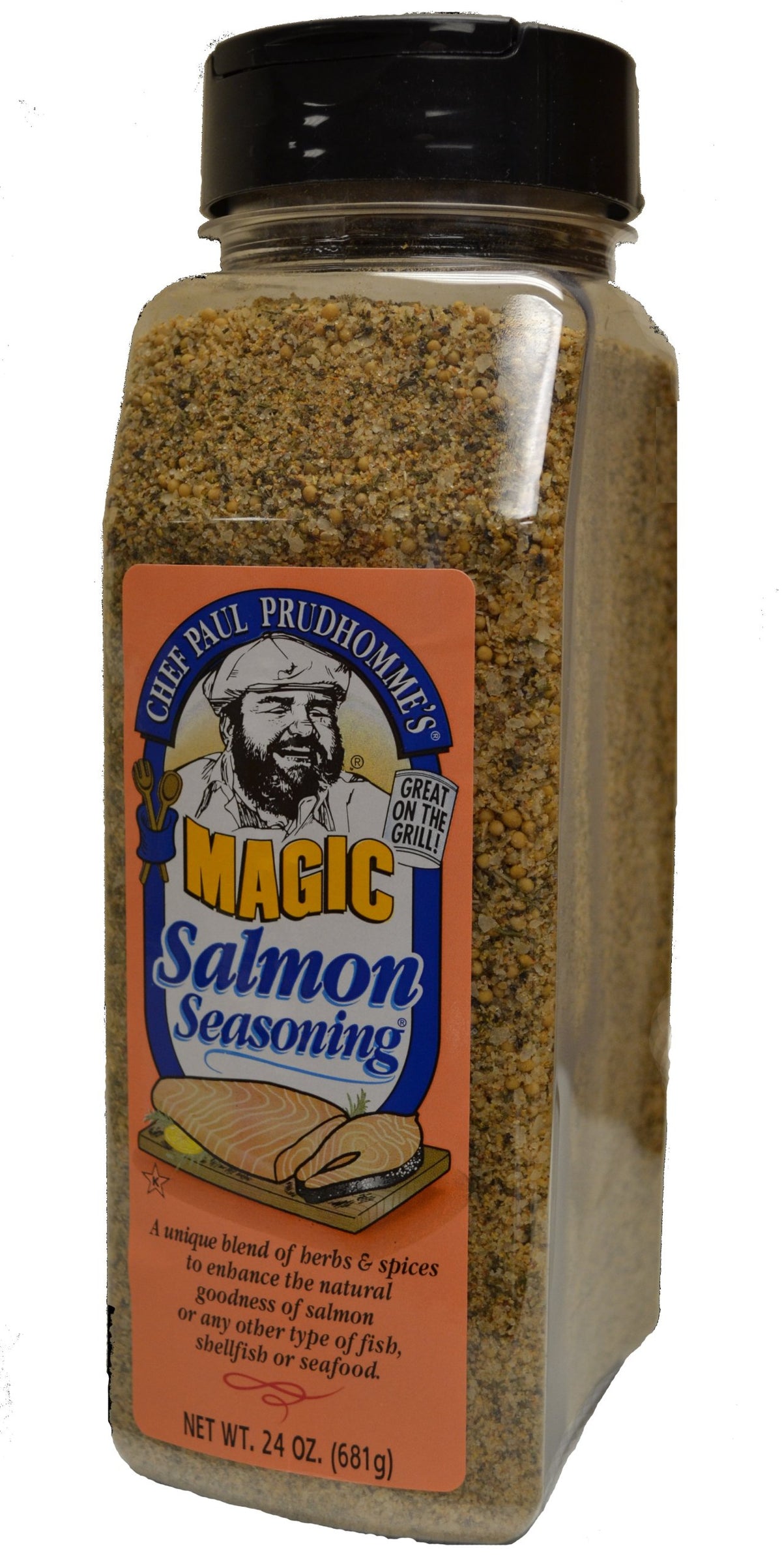 Magic Seasoning Blends Salmon Magic bottle enhances seafood flavor for grilling, sautéing, or baking.