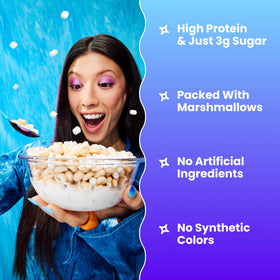 Magic Spoon cereal pouring into milk highlights keto-friendly morning ritual.