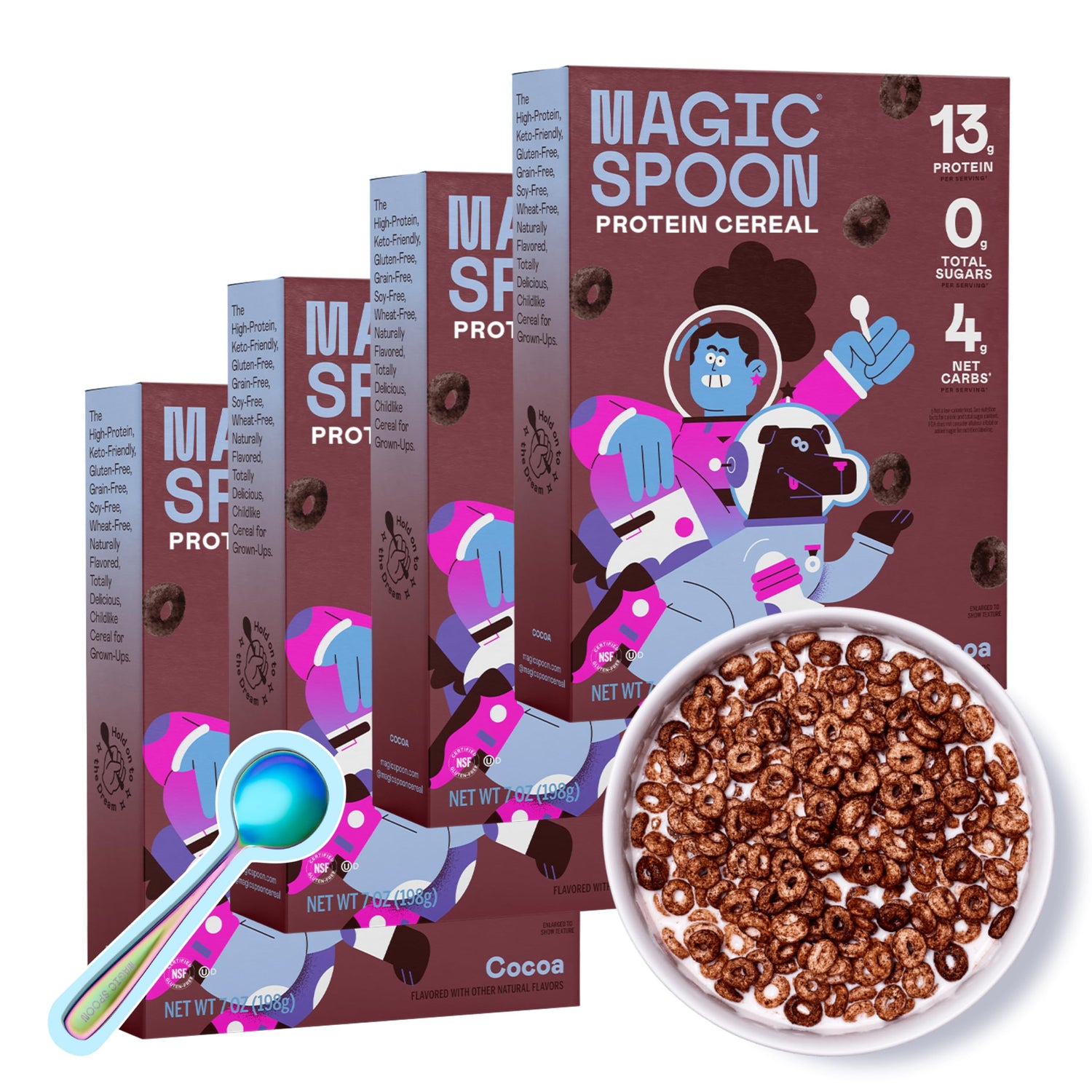 Magic Spoon Cocoa 4-pack packaging shows a sugar-free, high-protein breakfast option.