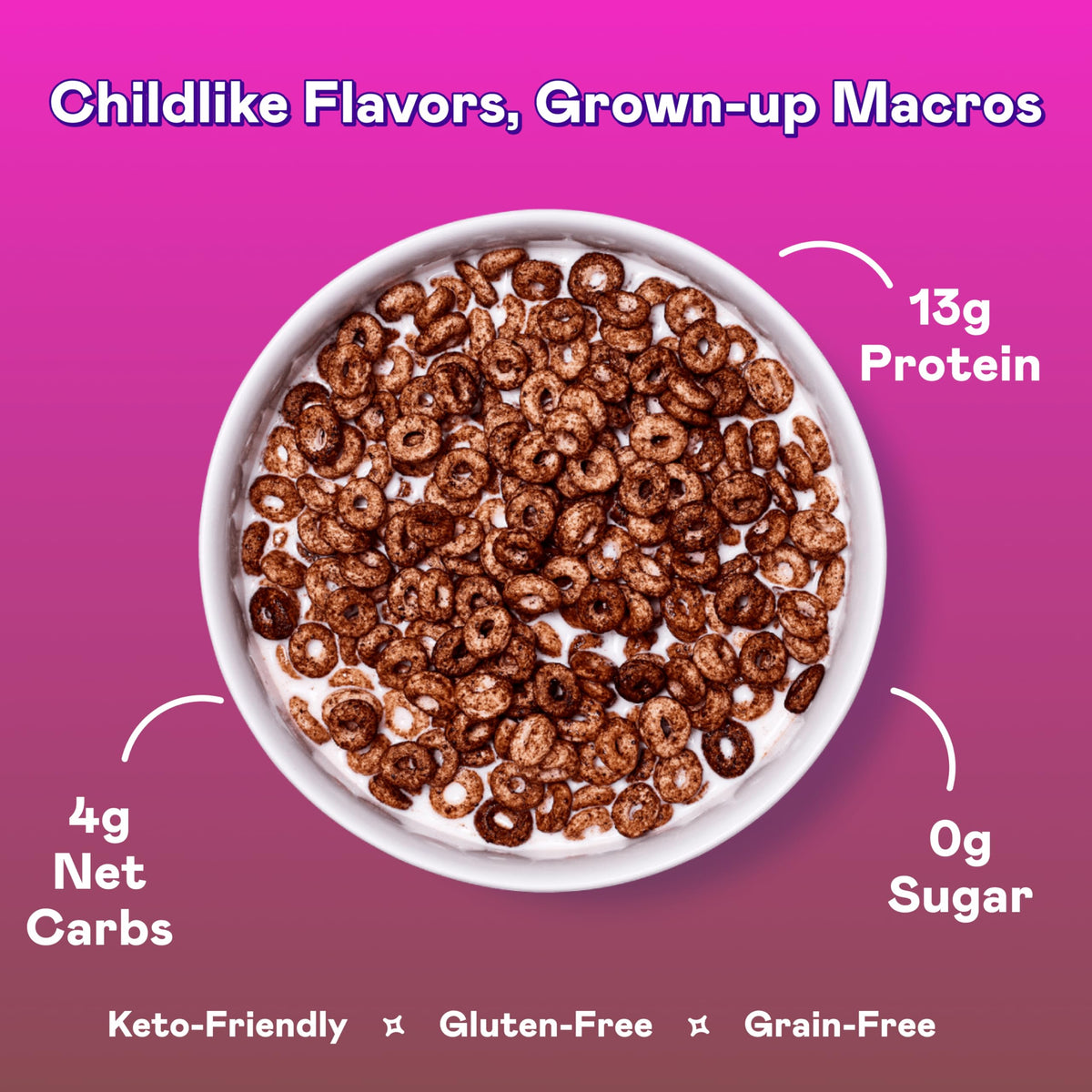 Magic Spoon Cocoa cereal close-up emphasizes crunchy texture and protein boost.