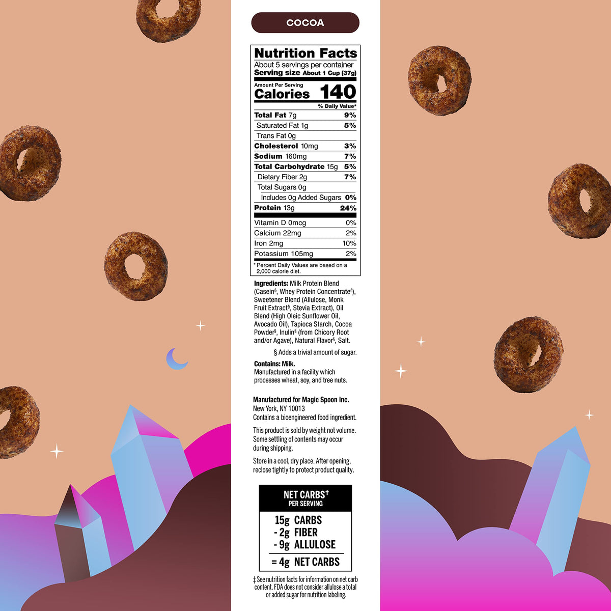 Magic Spoon Cocoa cereal packaging with nutrition highlights.