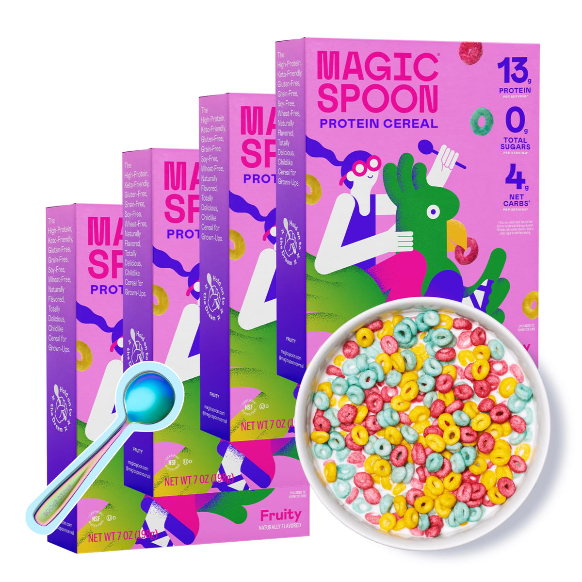 Magic Spoon Fruity cereal in a bowl showing high-protein, zero-sugar breakfast appeal.