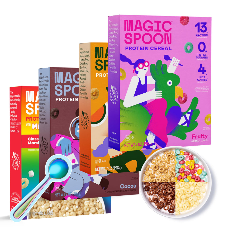 Magic Spoon Fruity cereal pack shows gluten-free, high-protein breakfast.