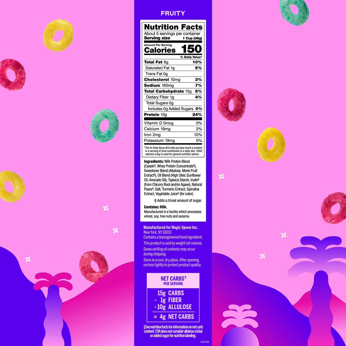 Magic Spoon Fruity cereal packaging highlights gluten-free, sugar-free, keto-friendly features.