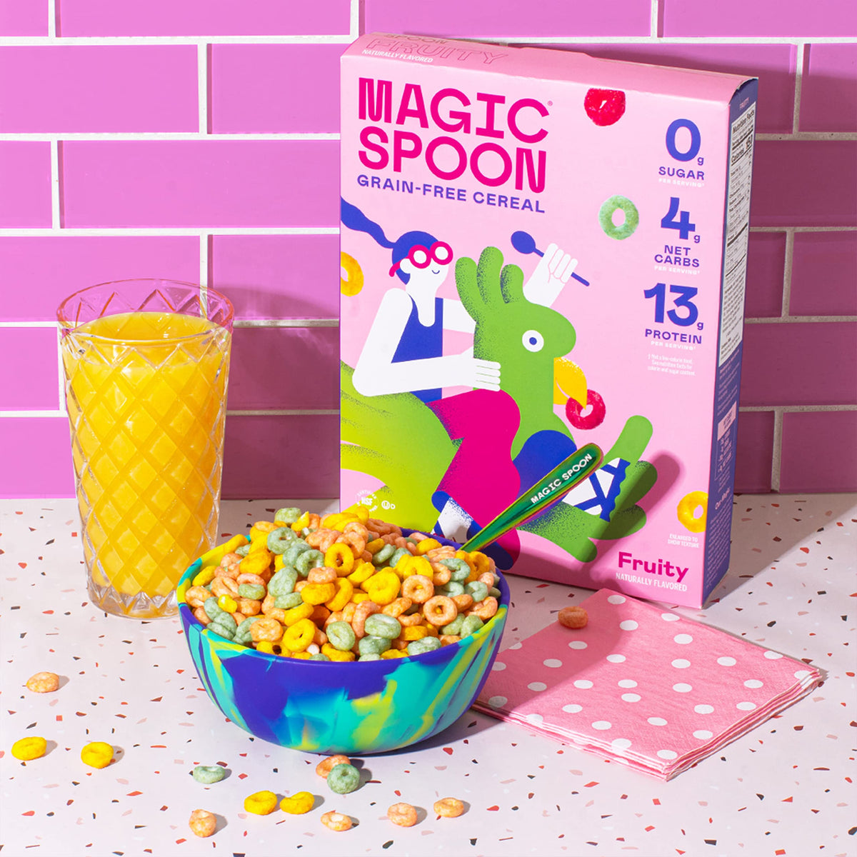Magic Spoon Fruity cereal pour highlights quick, protein-packed morning start.